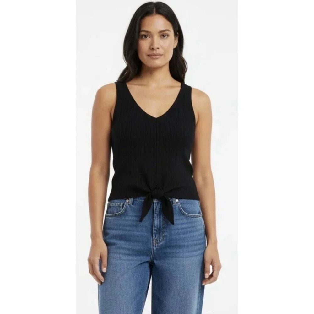 Madewell Woman's Black Textured Ribbed Front Tie V Neck Tank Top Large Blouse
